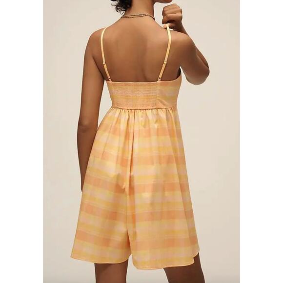 $158 Anthropologie HUTCH Bandeau Romper | sz L, Orange Yellow Plaid NEW! - Picture 4 of 11